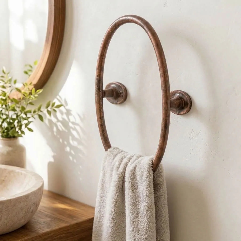 Aged Copper Oval Towel Holder for Rustic Bathroom Walls
