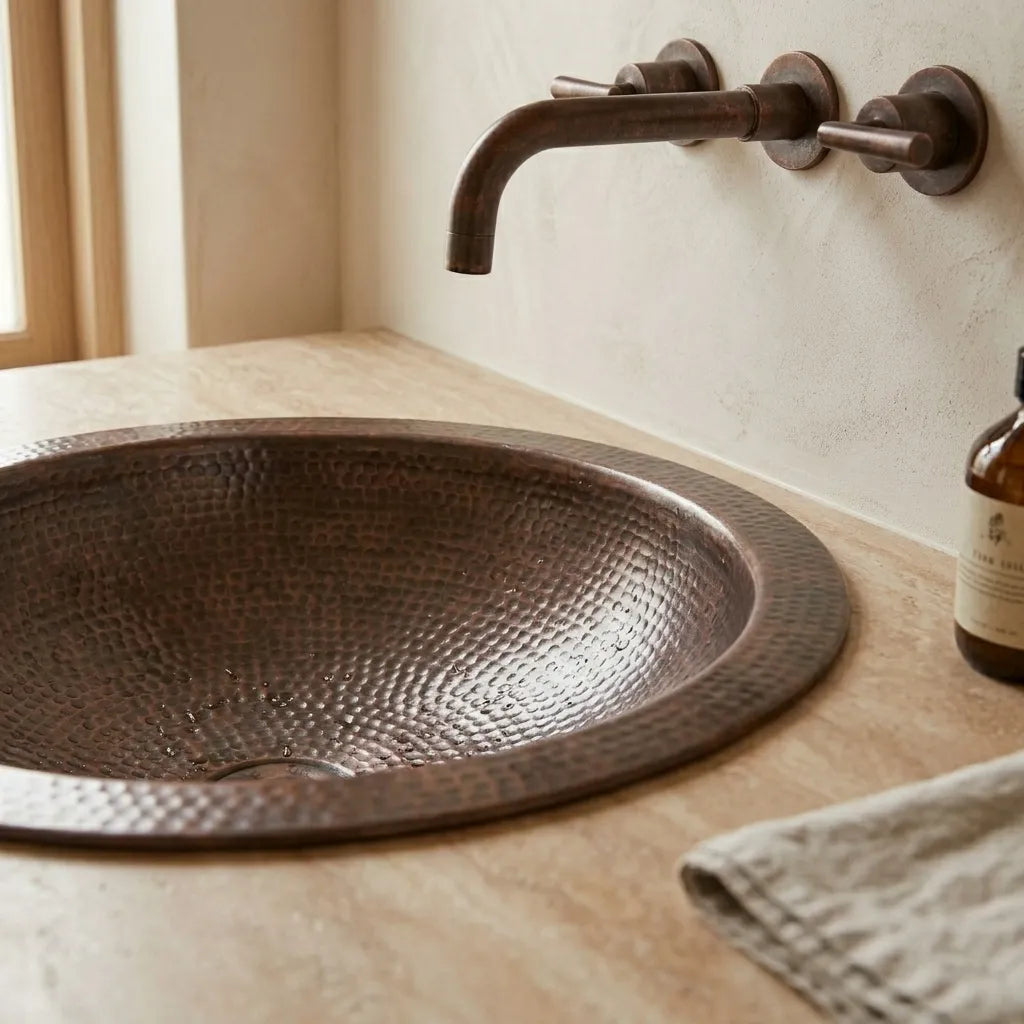 Copper Bathroom Sink Hammered Drop-In Basin – Round Vanity Sink