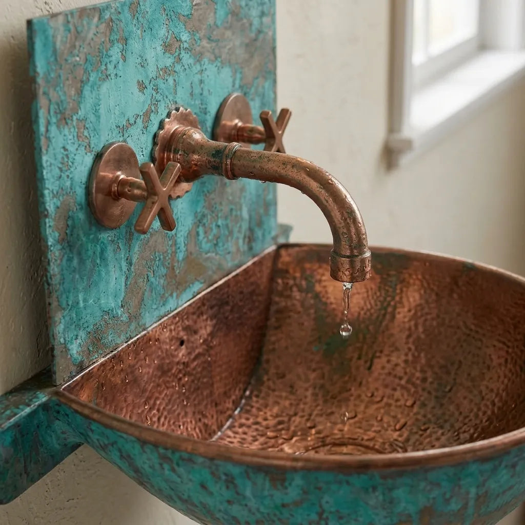 Verdigris Copper Wall Mount Sink with Rustic Faucet
