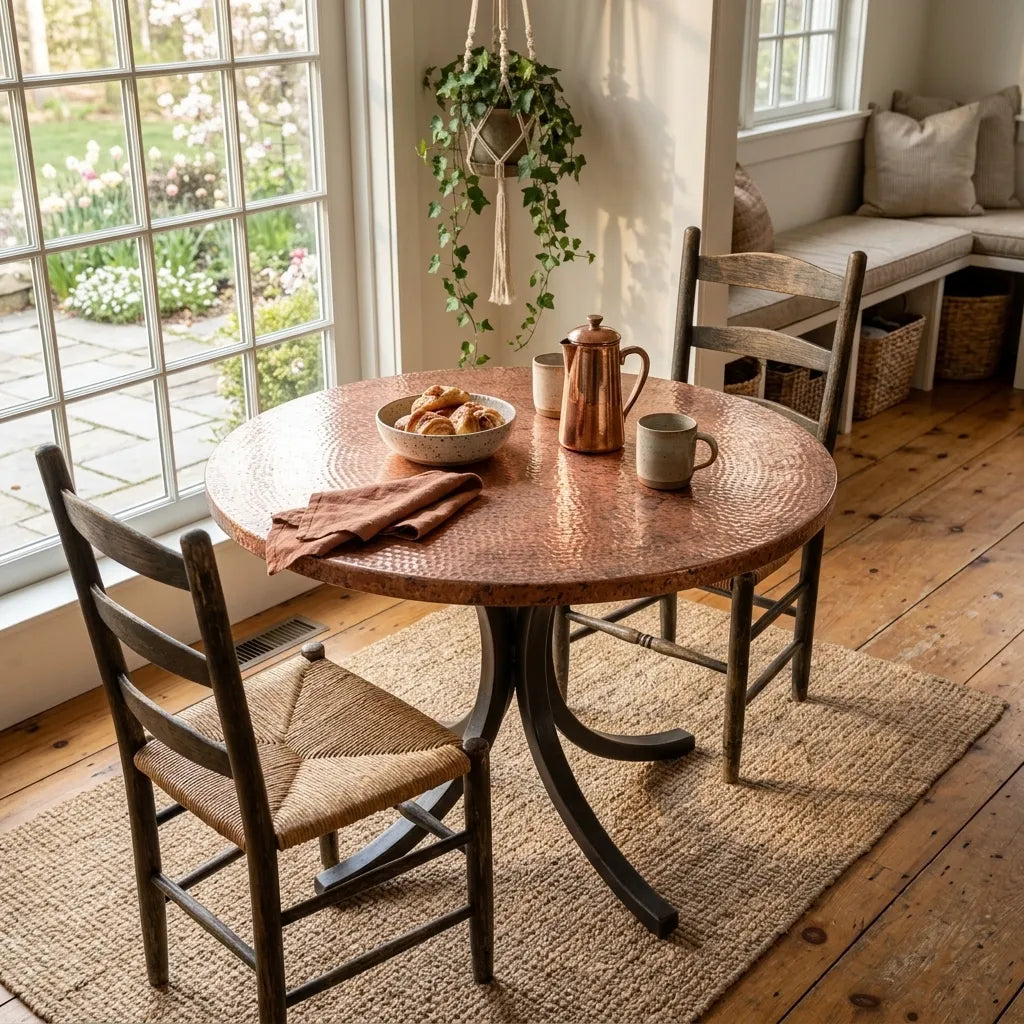 Round Hammered Copper Coffee Table with Curved Copper Base