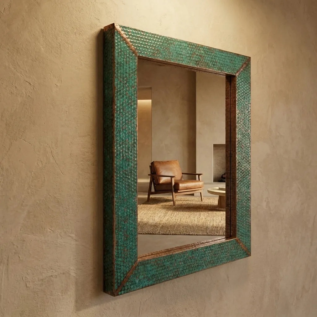 Verdigris Copper Wall Mirror – Rustic Hammered Vanity Decor