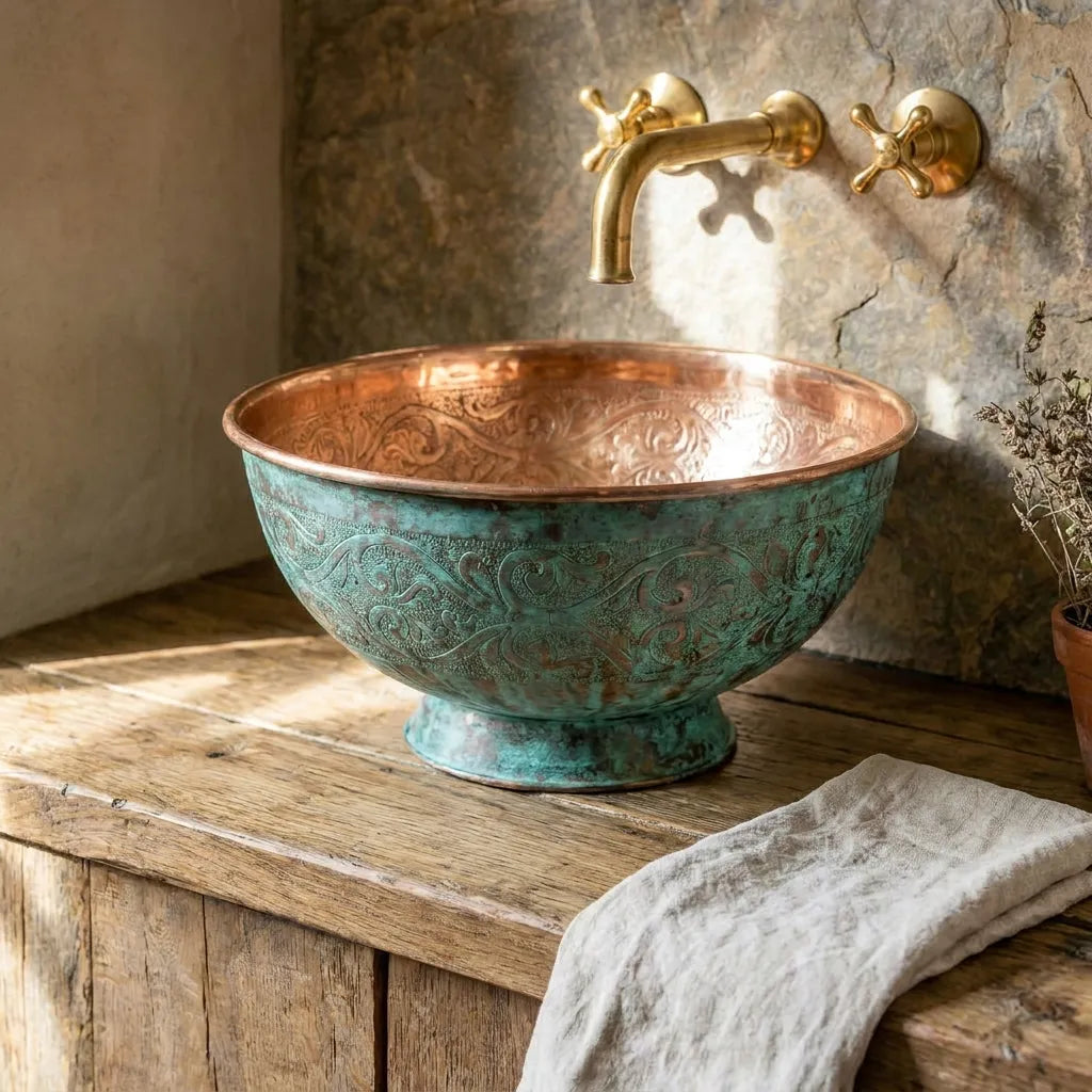 Engraved Verdigris Copper Vessel Sink – Rustic Vanity Bowl