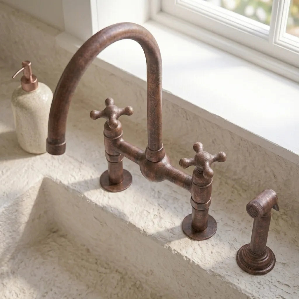 Handmade Aged Copper Bridge Kitchen Faucet with Side Sprayer