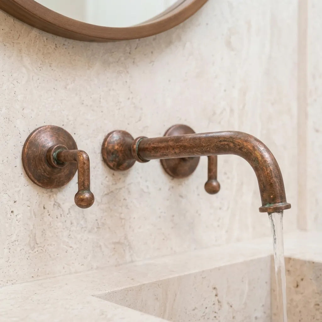 Handmade Aged Copper Wall Mount Bathroom Faucet with Lever Handles