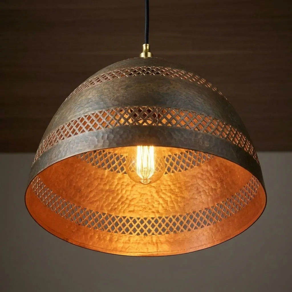 Handmade Hammered Copper Dome Pendant Light with Cutout Shade