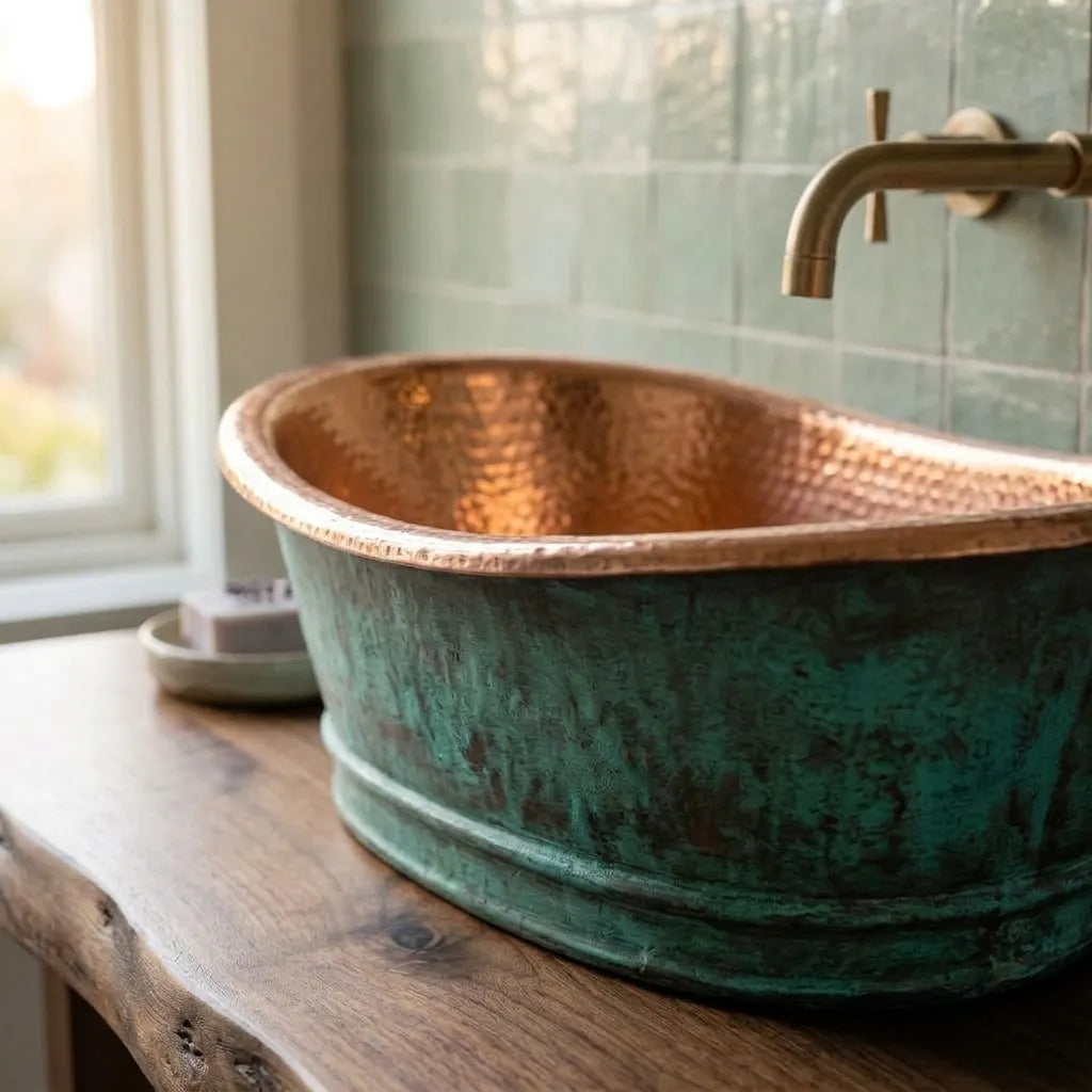 Green Patina Copper Vessel Sink – Rustic Oval Vanity Basin