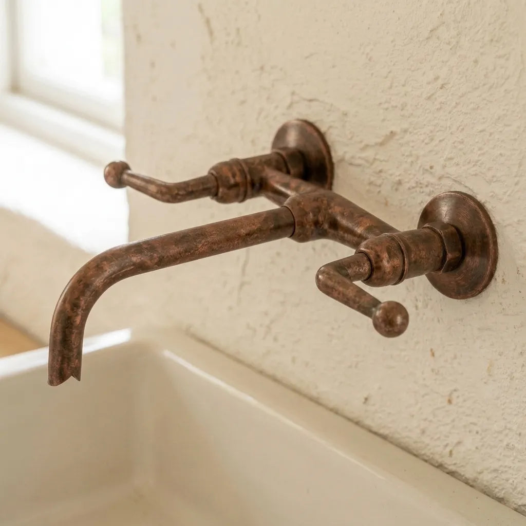 Rustic Aged Copper Wall Faucet with Crossbar Lever Handles