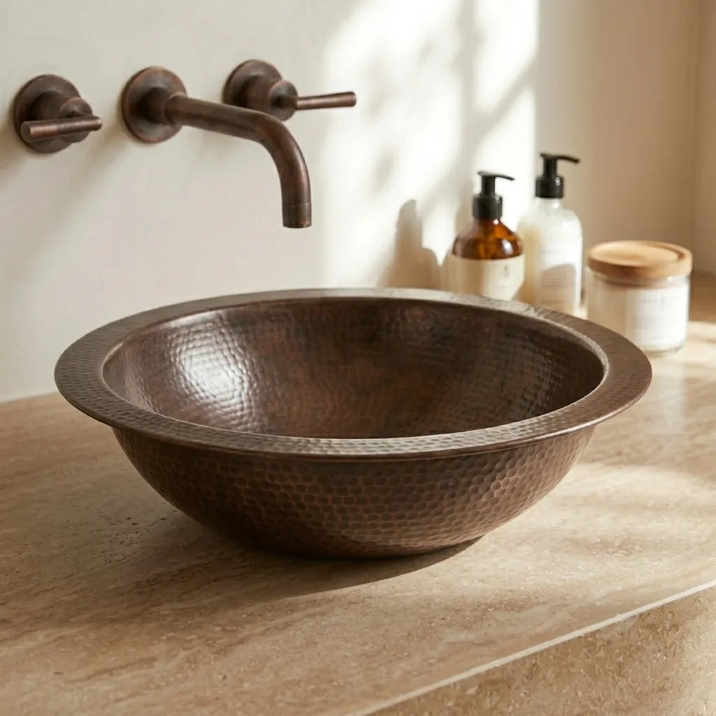 Copper Bathroom Sink Hammered Drop-In Basin – Round Vanity Sink