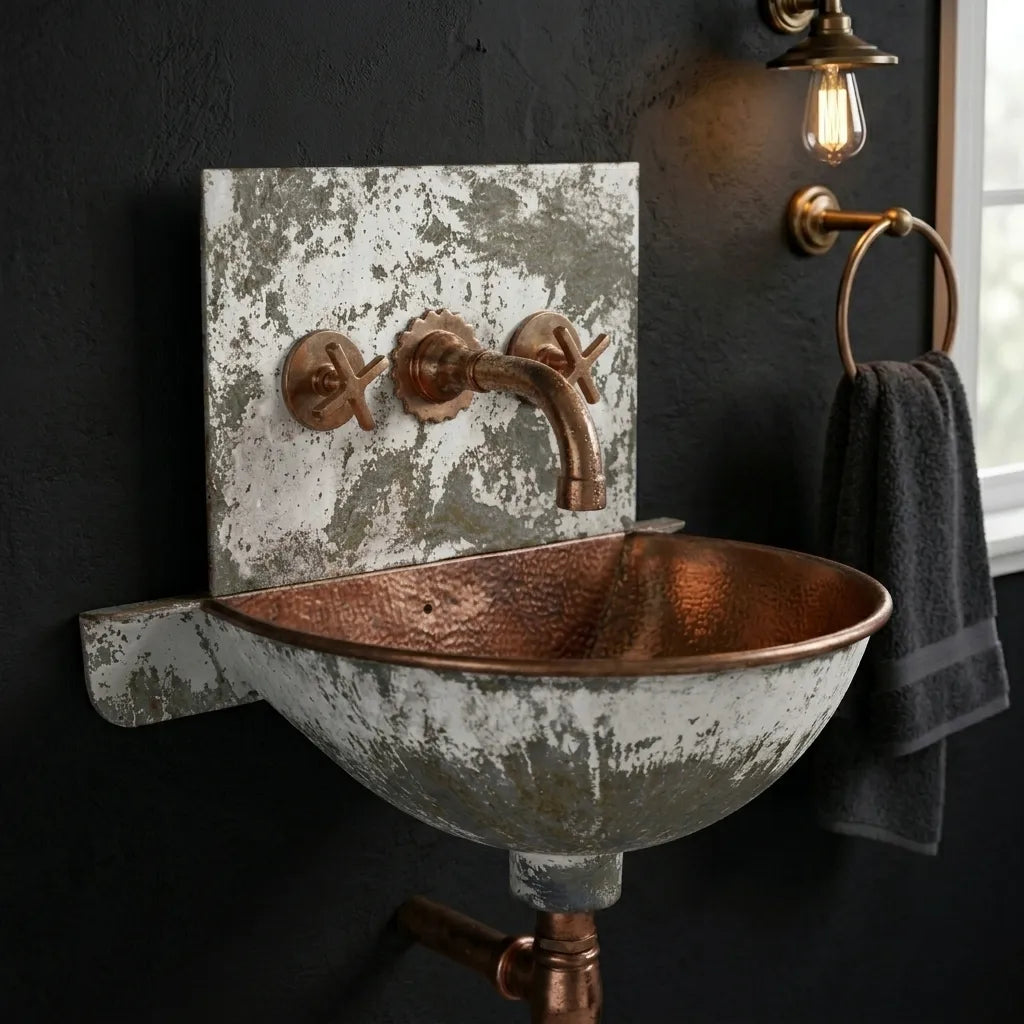 Rustic Wall Mount Copper Bathroom Sink with Hammered Basin