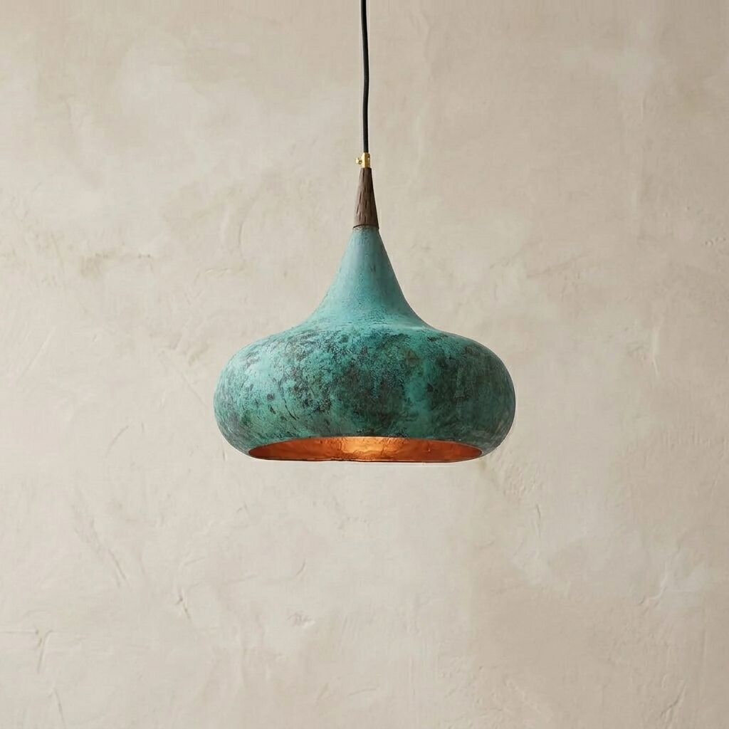 Handmade Verdigris Copper Pendant Light with Wood Accent