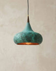 Handmade Verdigris Copper Pendant Light with Wood Accent
