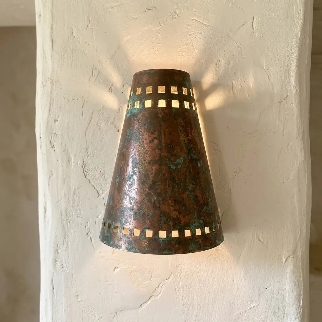 Verdigris Copper Cone Wall Sconce with Square Cutouts