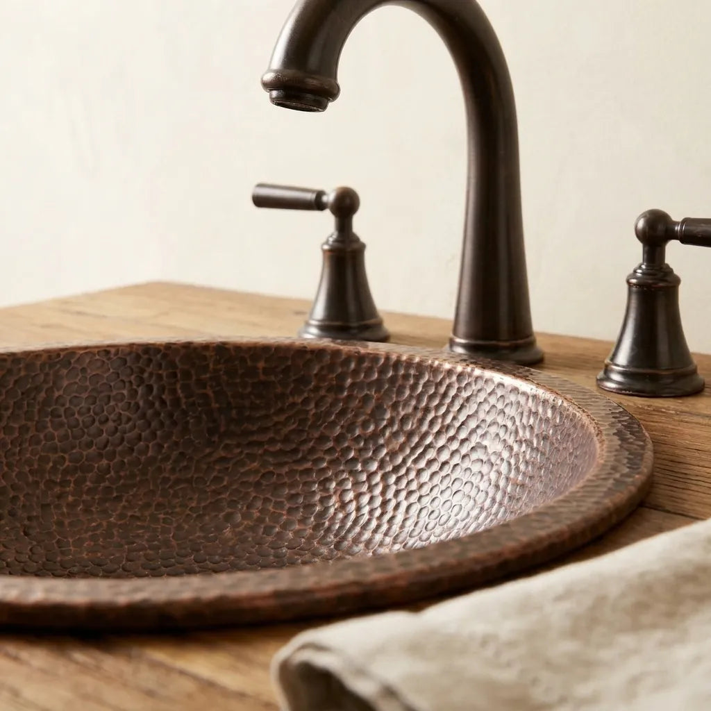Hammered Copper Bathroom Sink Round Undermount Rustic Vanity Basin