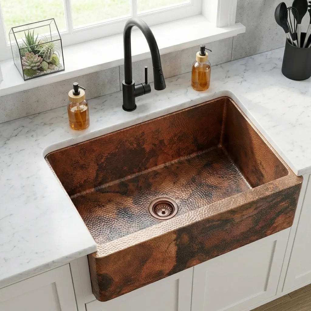 Solid Copper Farmhouse Kitchen Sink with Hammered Finish