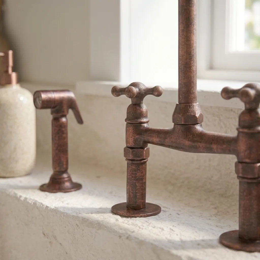 Handcrafted Weathered Copper Kitchen Faucet with Side Sprayer