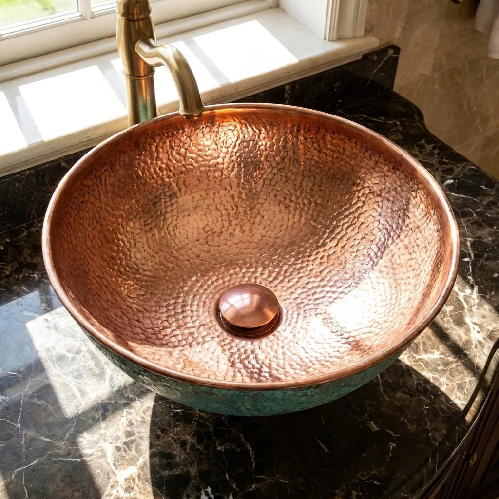 Copper Vessel Sink with Oxidized Finish – Round Hammered Bathroom Basin