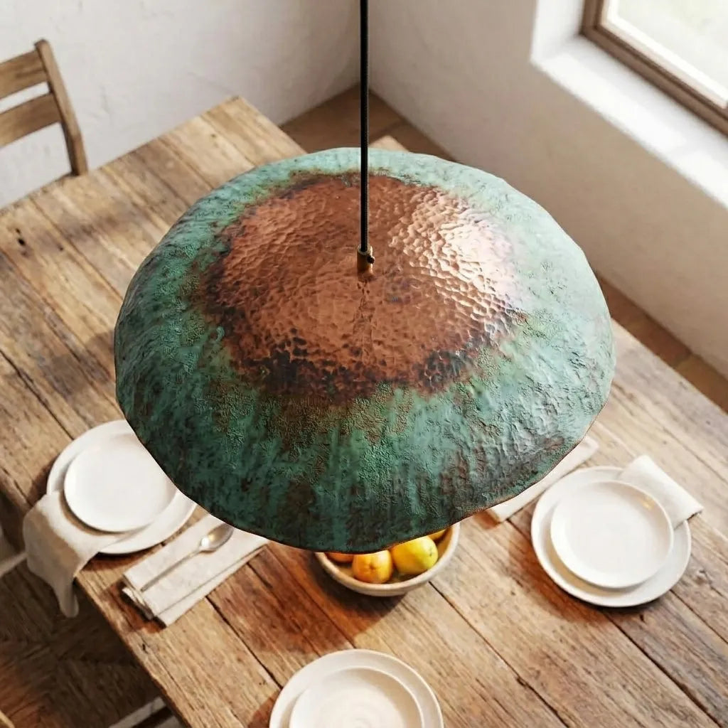 Handmade Green Patina Copper Pendant Light – Organic Sculptural Lamp