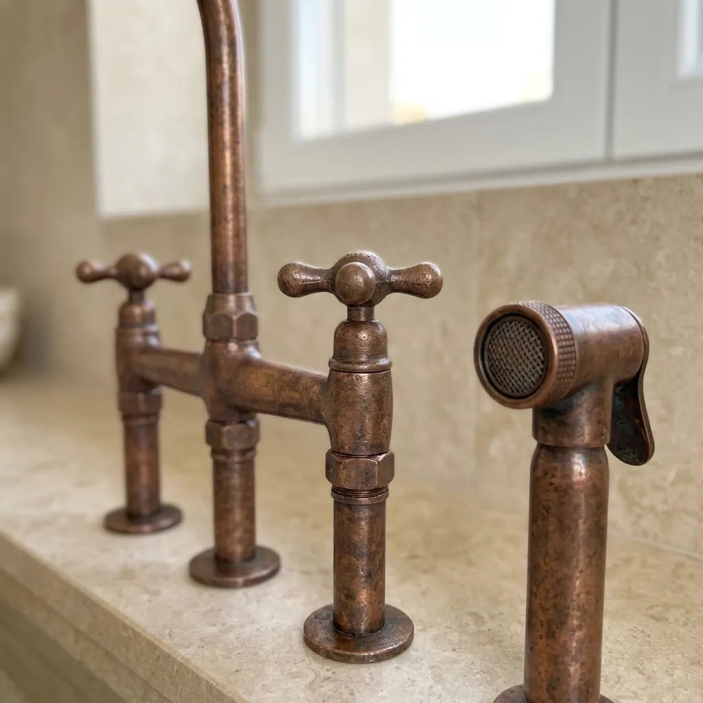 Rustic Copper Kitchen Mixer Tap with Pull-Out Side Sprayer