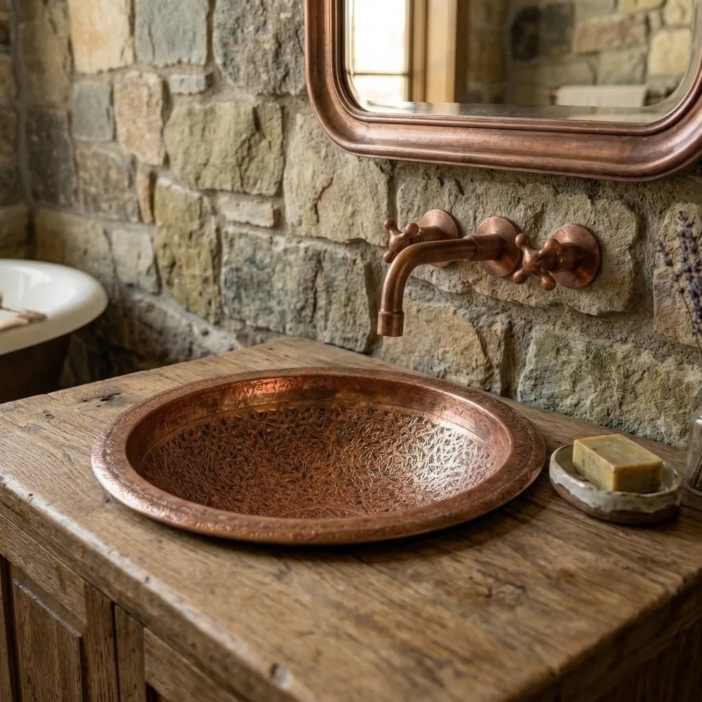 Handmade Hammered Copper Drop-In Bathroom Sink Basin