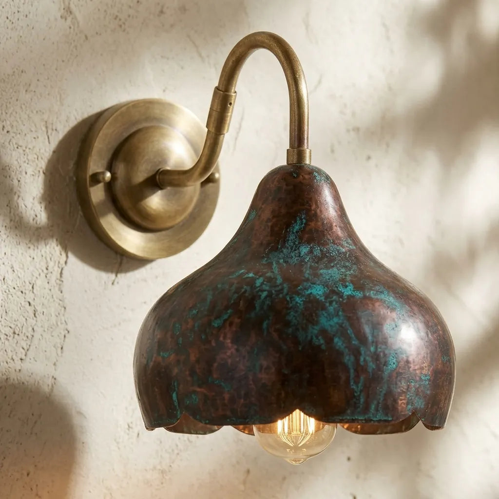 Handcrafted Patina Copper Sconce – Rustic Bedside Light