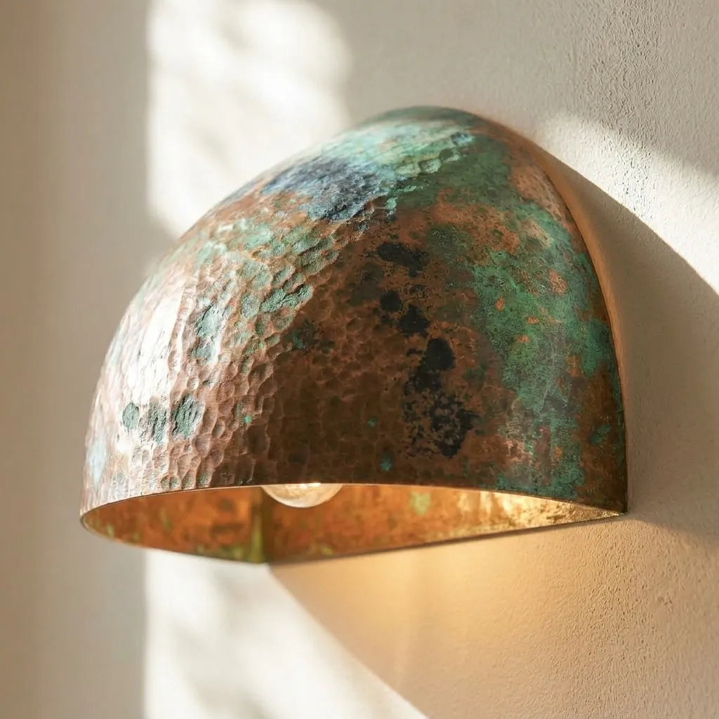 Handmade Green Patina Copper Wall Sconce – Hammered Half Dome Light