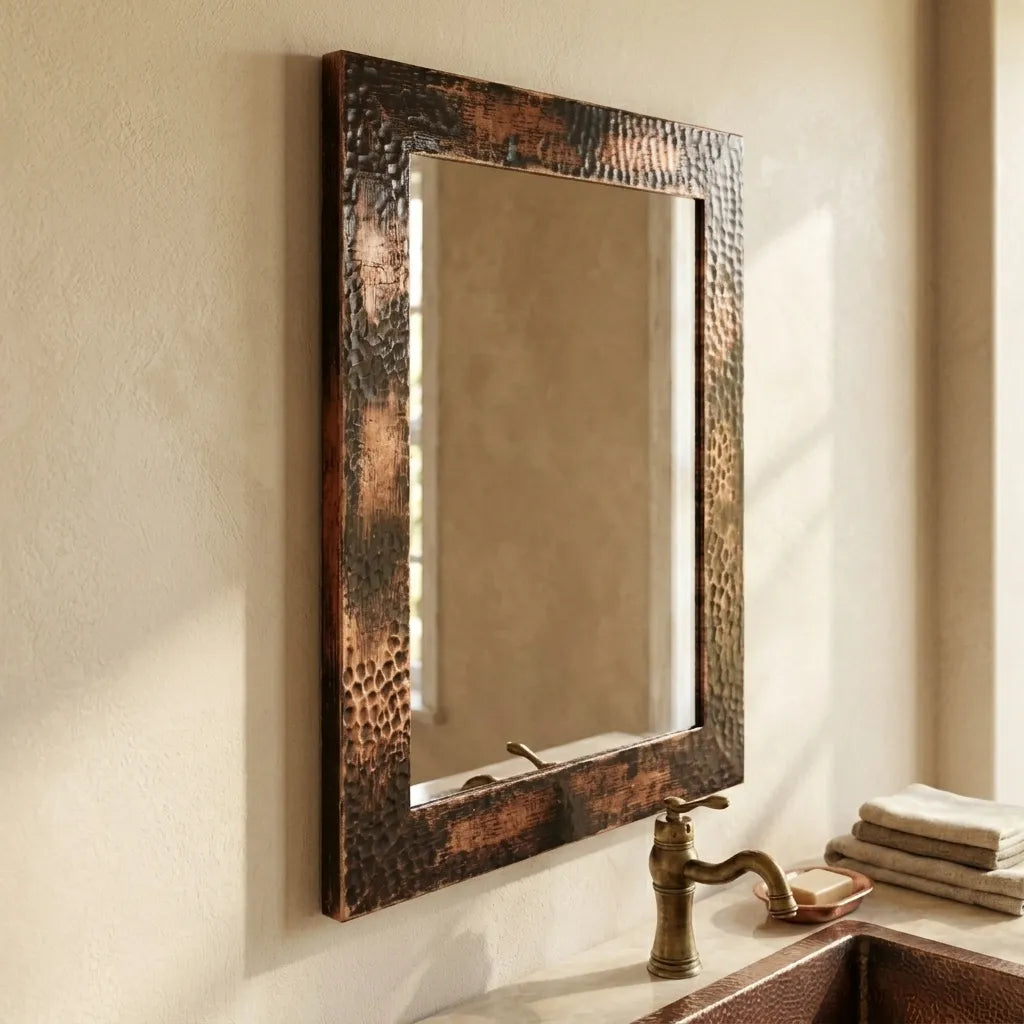 Aged Hammered Copper Bathroom Mirror – Rustic Vanity Decor