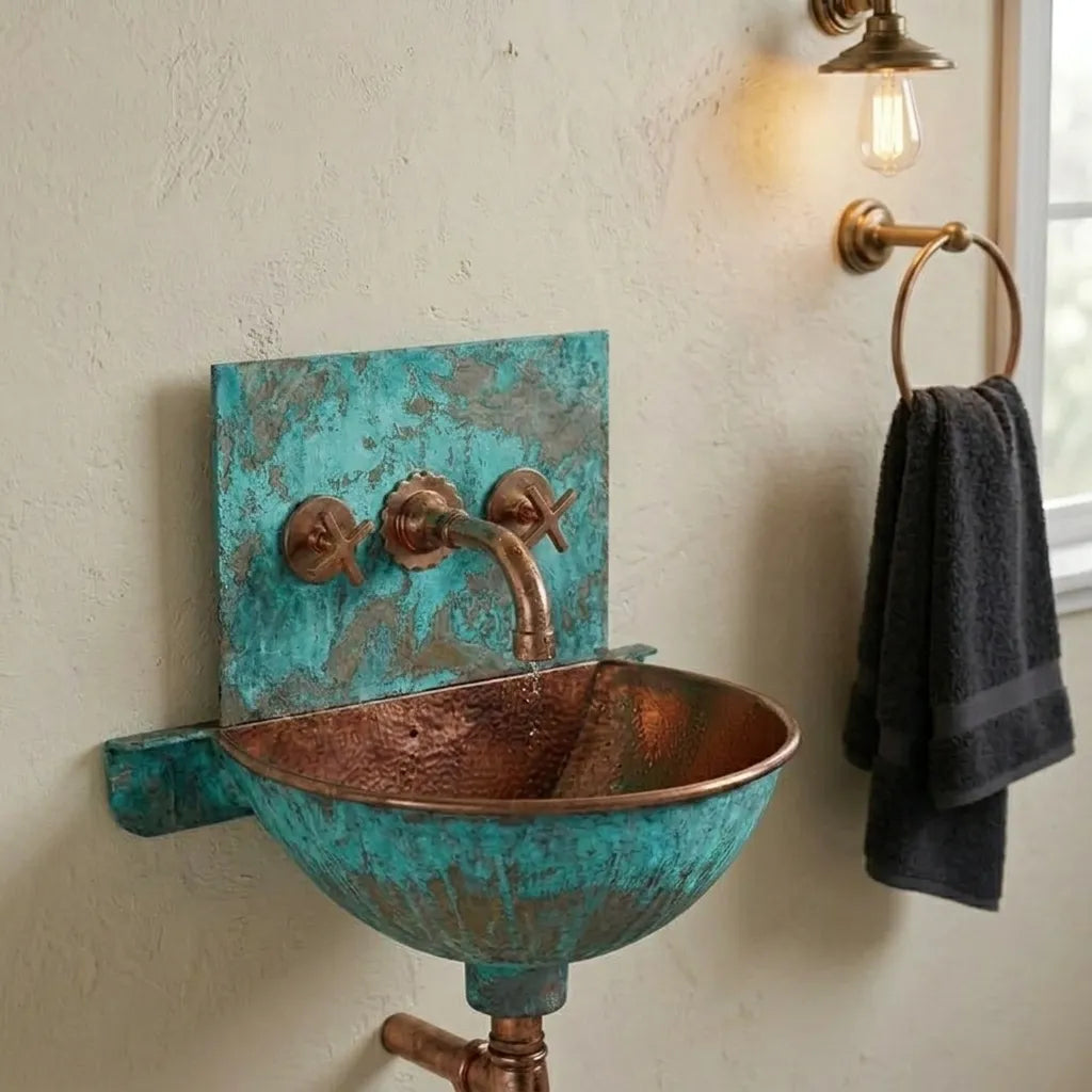Verdigris Copper Wall Mount Sink with Rustic Faucet