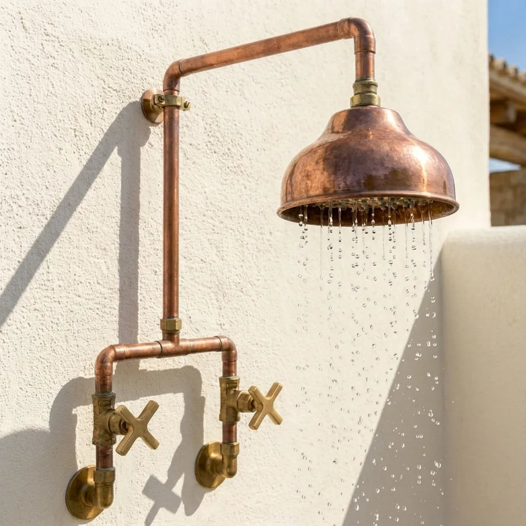 Unlacquered Copper Outdoor Shower System with Wall-Mounted Rain Head
