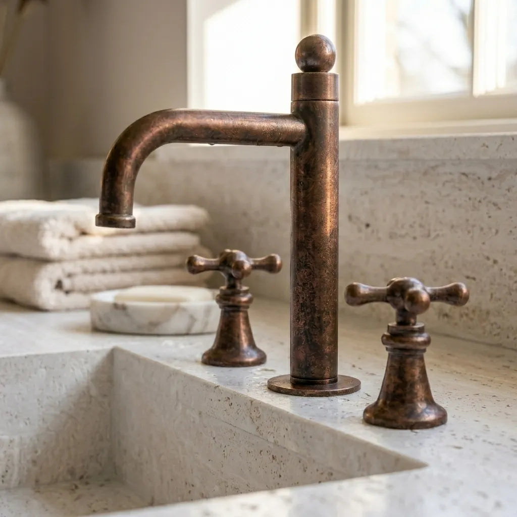 Vintage Copper 3-Hole Basin Faucet with Cross Handles