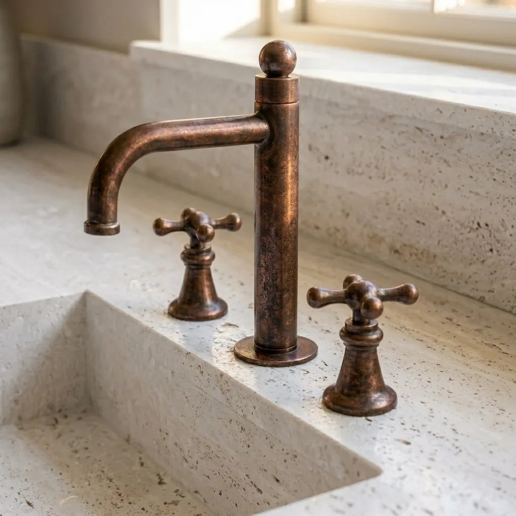 Vintage Copper 3-Hole Basin Faucet with Cross Handles