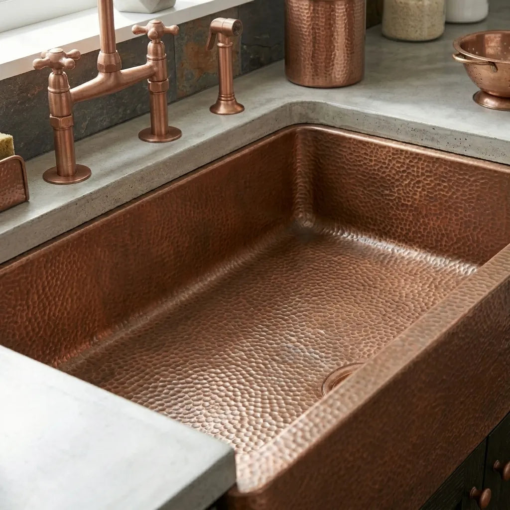 Handmade Hammered Copper Farmhouse Apron Front Kitchen Sink