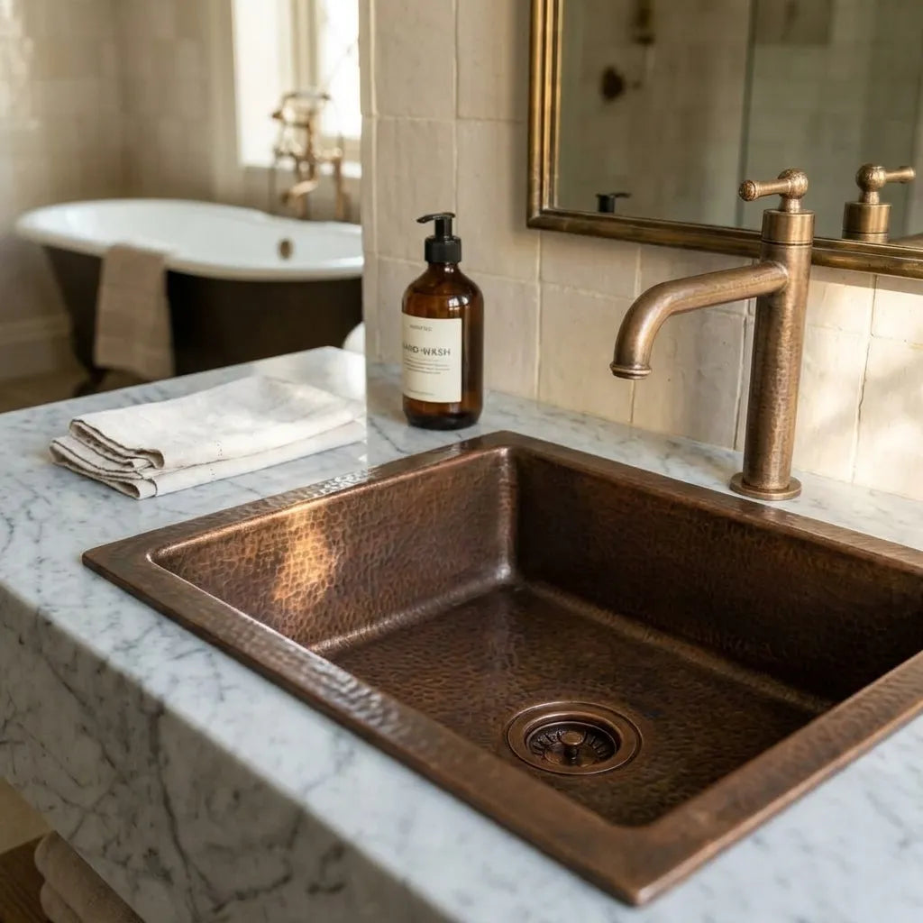 Hammered Copper Drop-In Bathroom Sink with Aged Finish