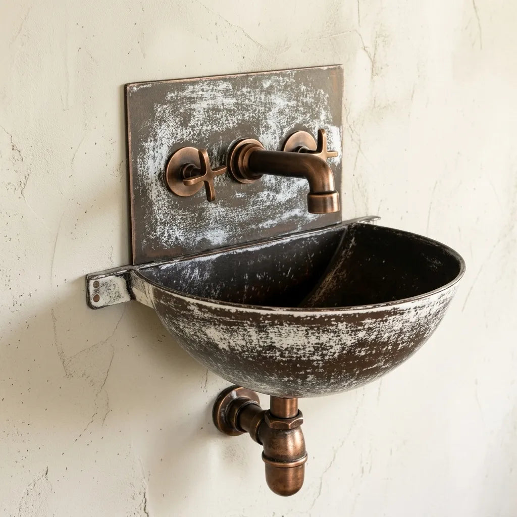 Distressed White Copper Wall Sink with Aged Copper Faucet