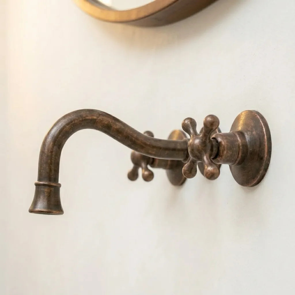 Aged Copper Wall Faucet with Vintage Cross Handles