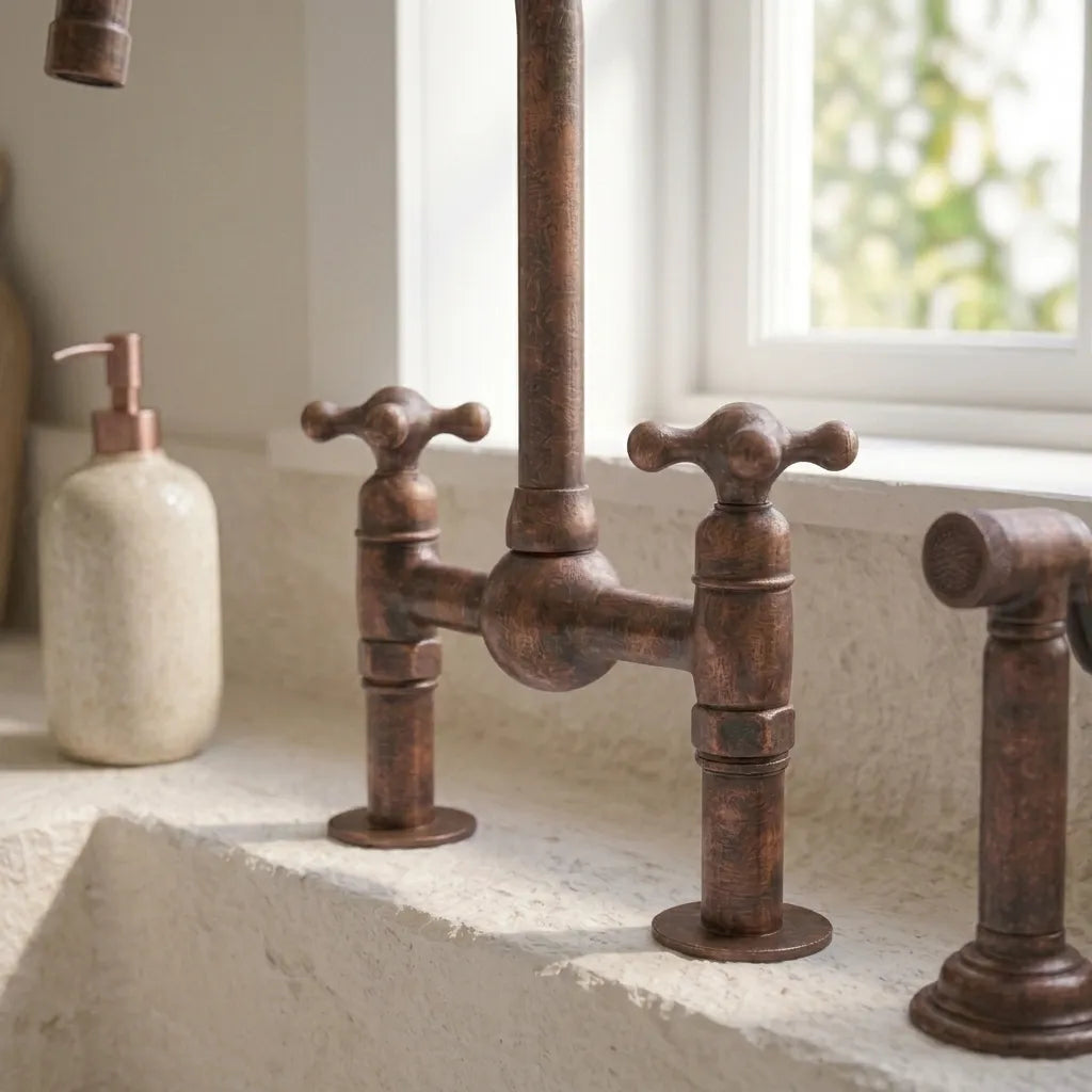 Handmade Aged Copper Bridge Kitchen Faucet with Side Sprayer