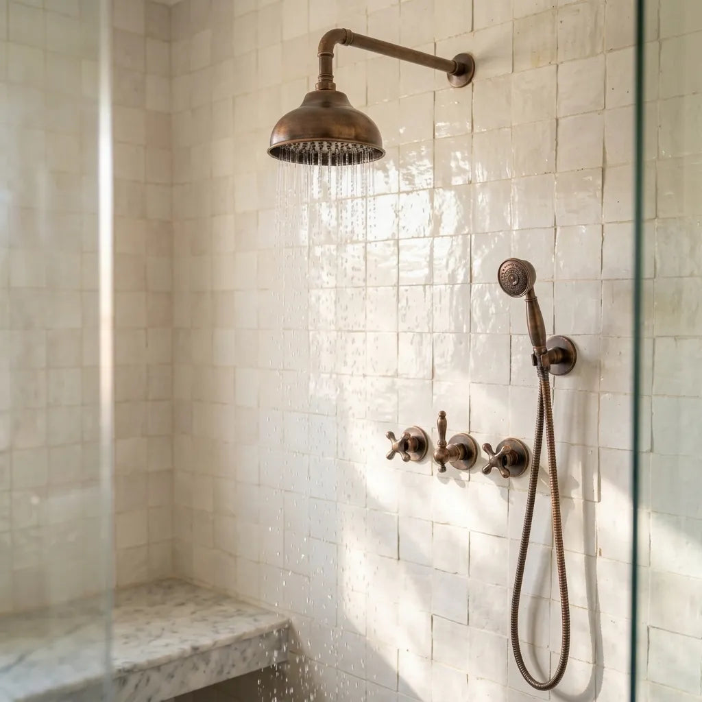 Aged Copper Rain Shower System with Handheld Sprayer