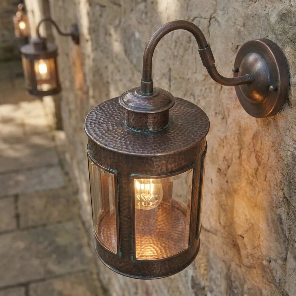 Aged Copper Outdoor Wall Lantern – Hammered Glass Sconce