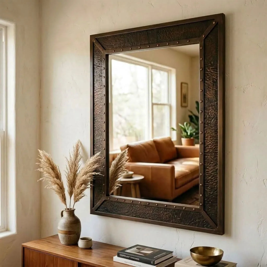 Rectangular Wall Mirror with Riveted Antique-Style Frame
