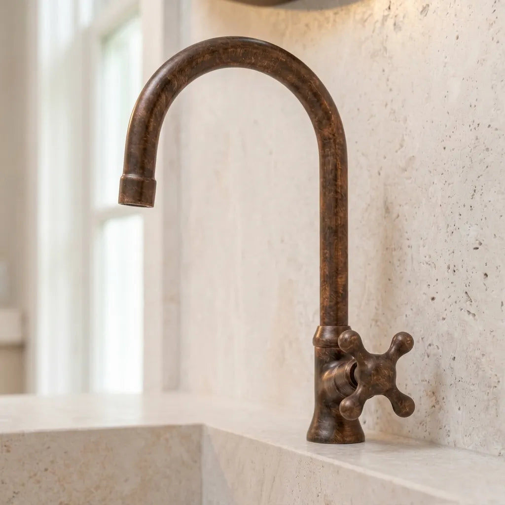 Handmade Aged Copper Single Hole Bathroom Faucet with Cross Handle