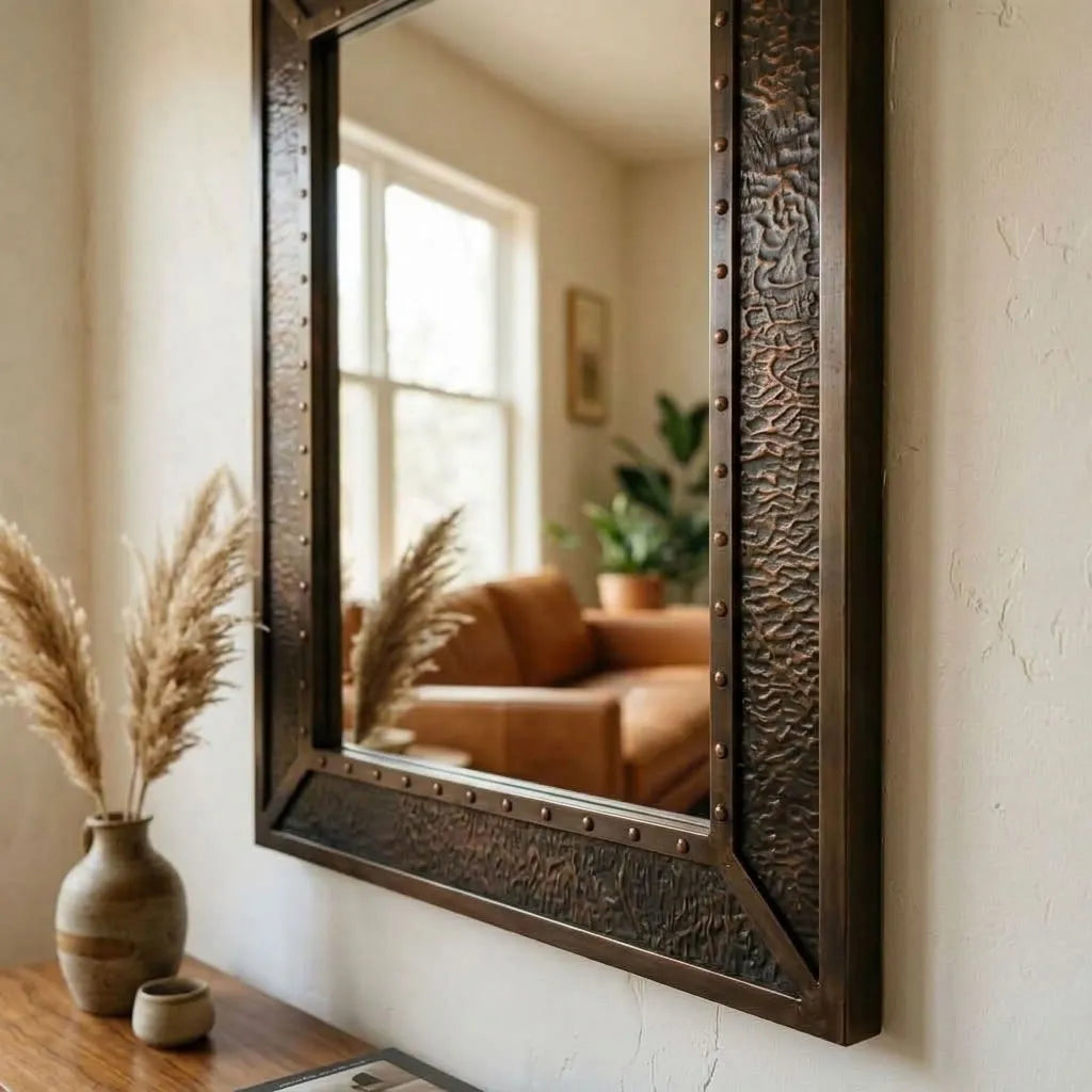 Rectangular Wall Mirror with Riveted Antique-Style Frame