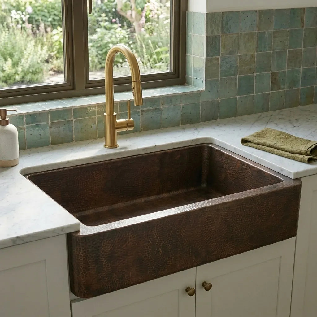 Dark Hammered Copper Farmhouse Apron Kitchen Sink