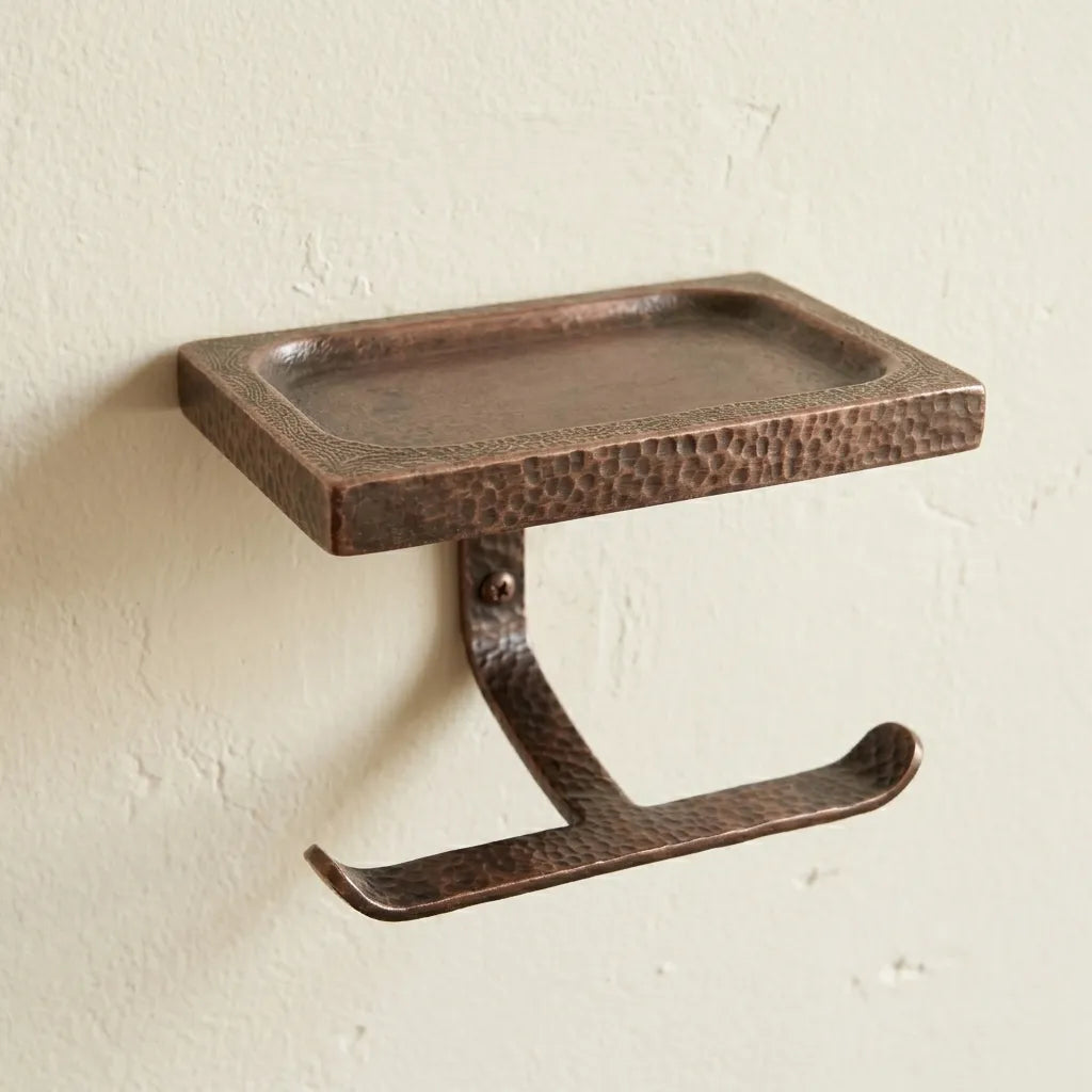 Hammered Copper Toilet Roll Holder with Bathroom Shelf