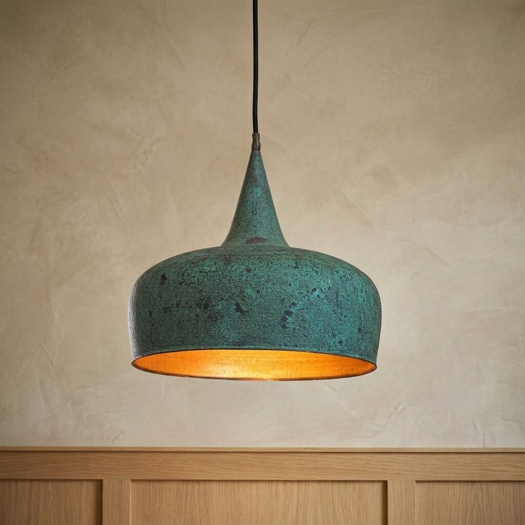 Handmade Verdigris Copper Pendant Light – Oxidized Dome Ceiling Lamp