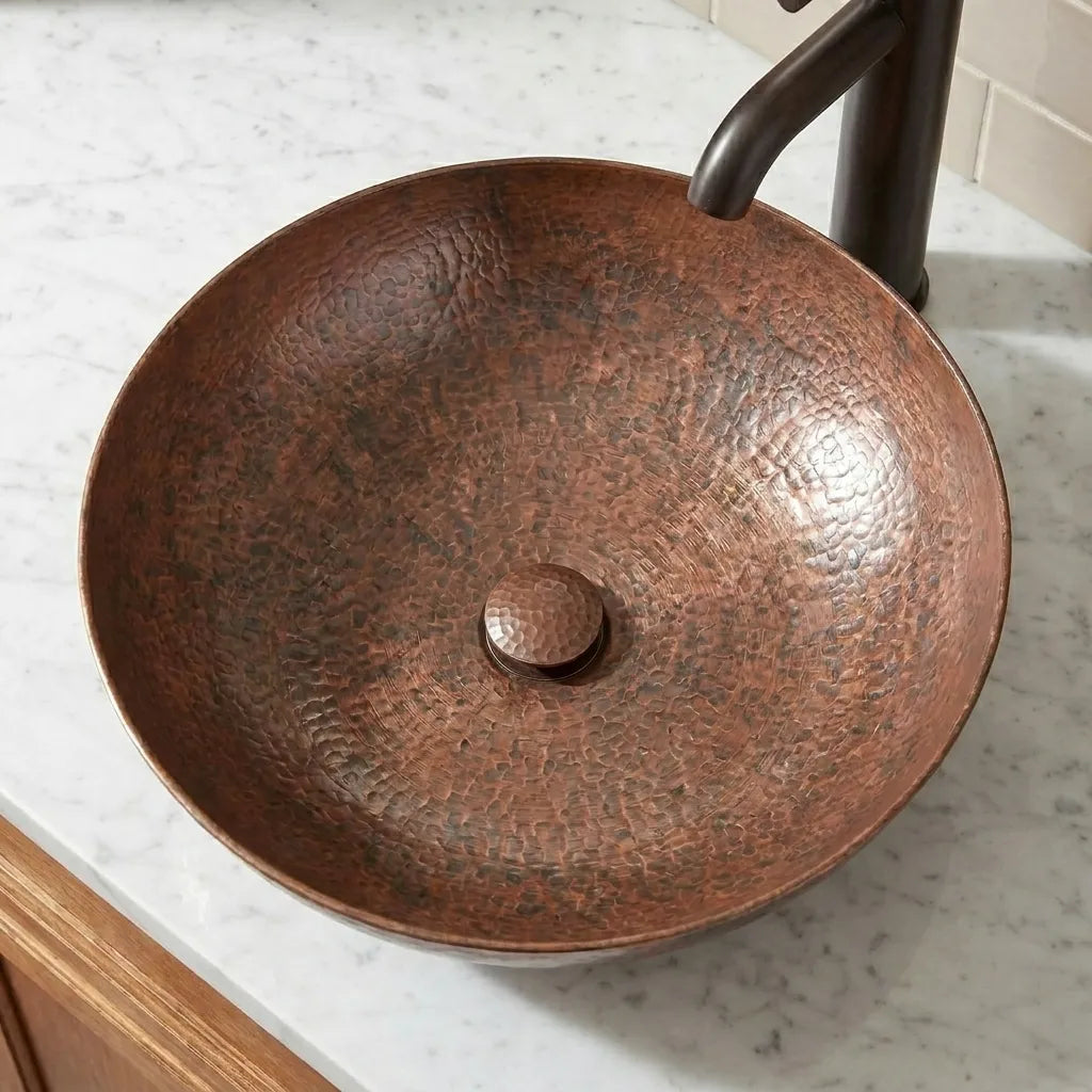 Handmade Hammered Copper Vessel Sink for Rustic Bathroom Vanity