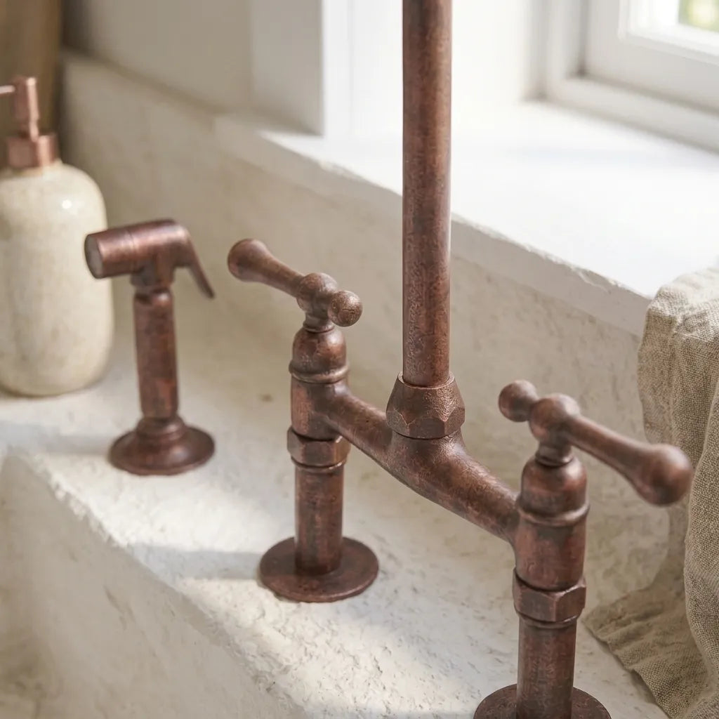 Aged Copper Bridge Kitchen Faucet with Side Sprayer