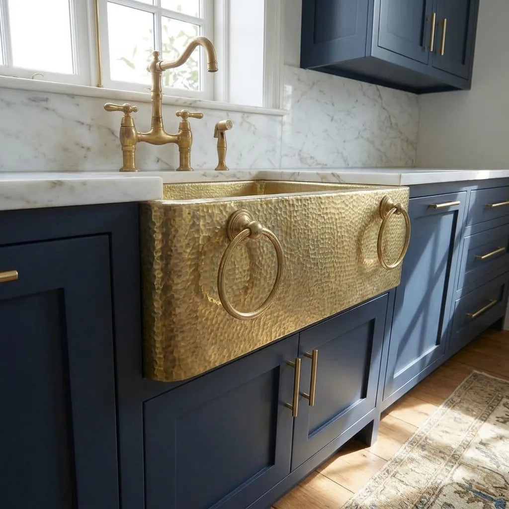 Handmade Hammered Brass Apron Front Farmhouse Kitchen Sink with Ring Handles