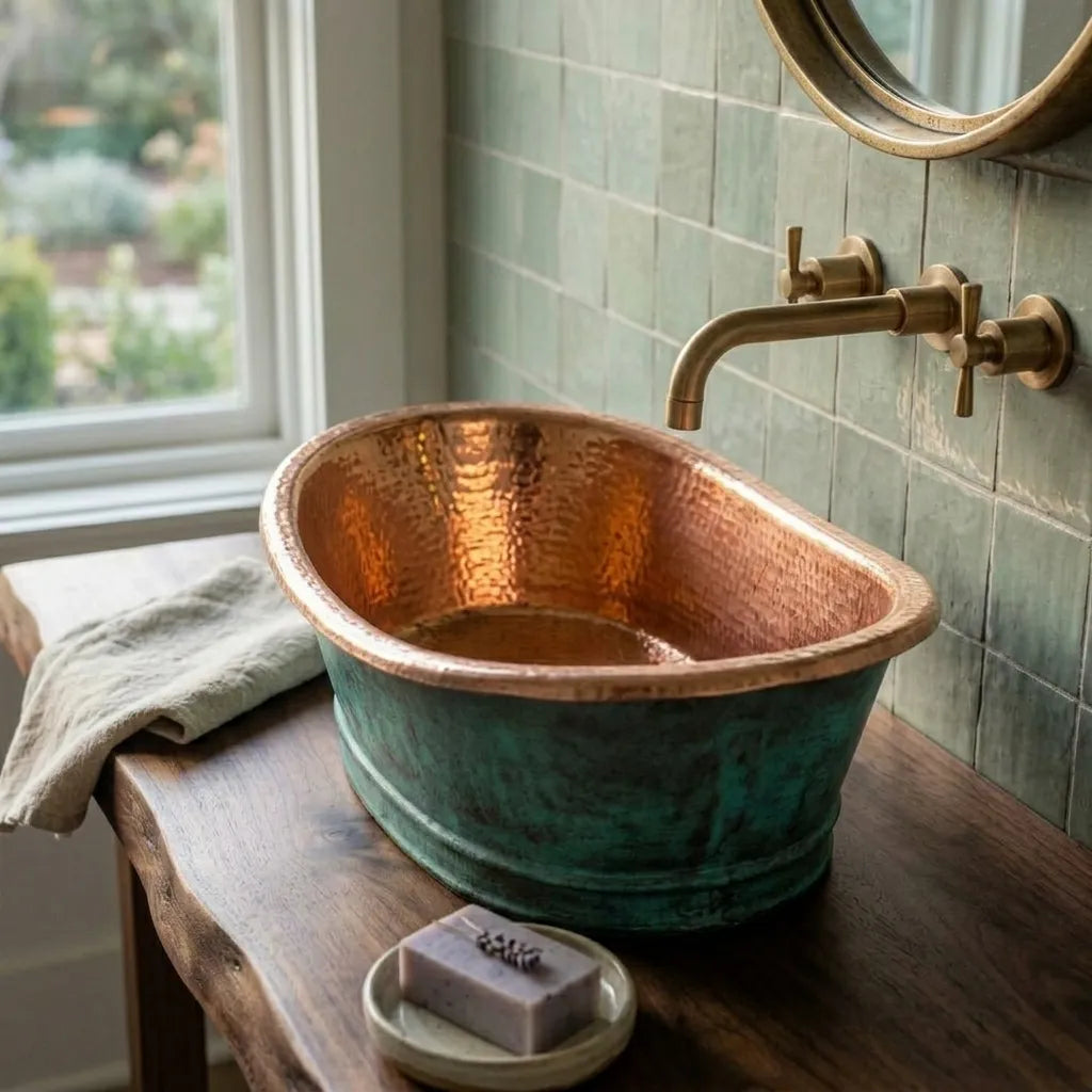 Green Patina Copper Vessel Sink – Rustic Oval Vanity Basin