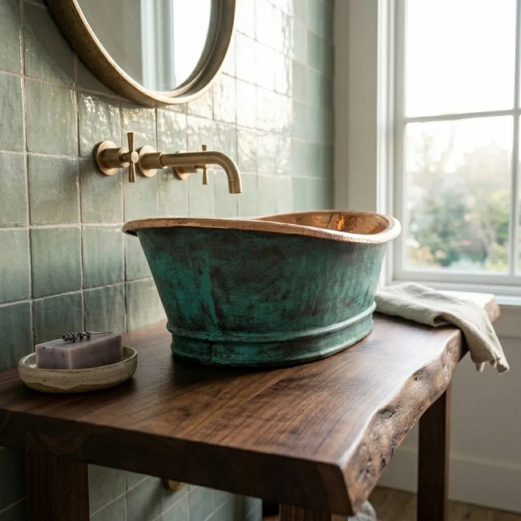Green Patina Copper Vessel Sink – Rustic Oval Vanity Basin