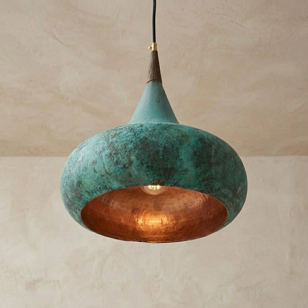Handmade Verdigris Copper Pendant Light with Wood Accent