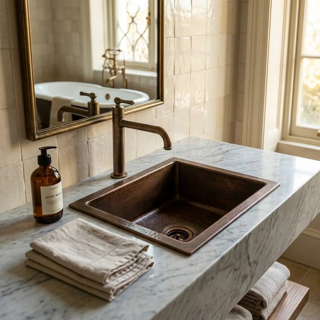 Hammered Copper Drop-In Bathroom Sink with Aged Finish